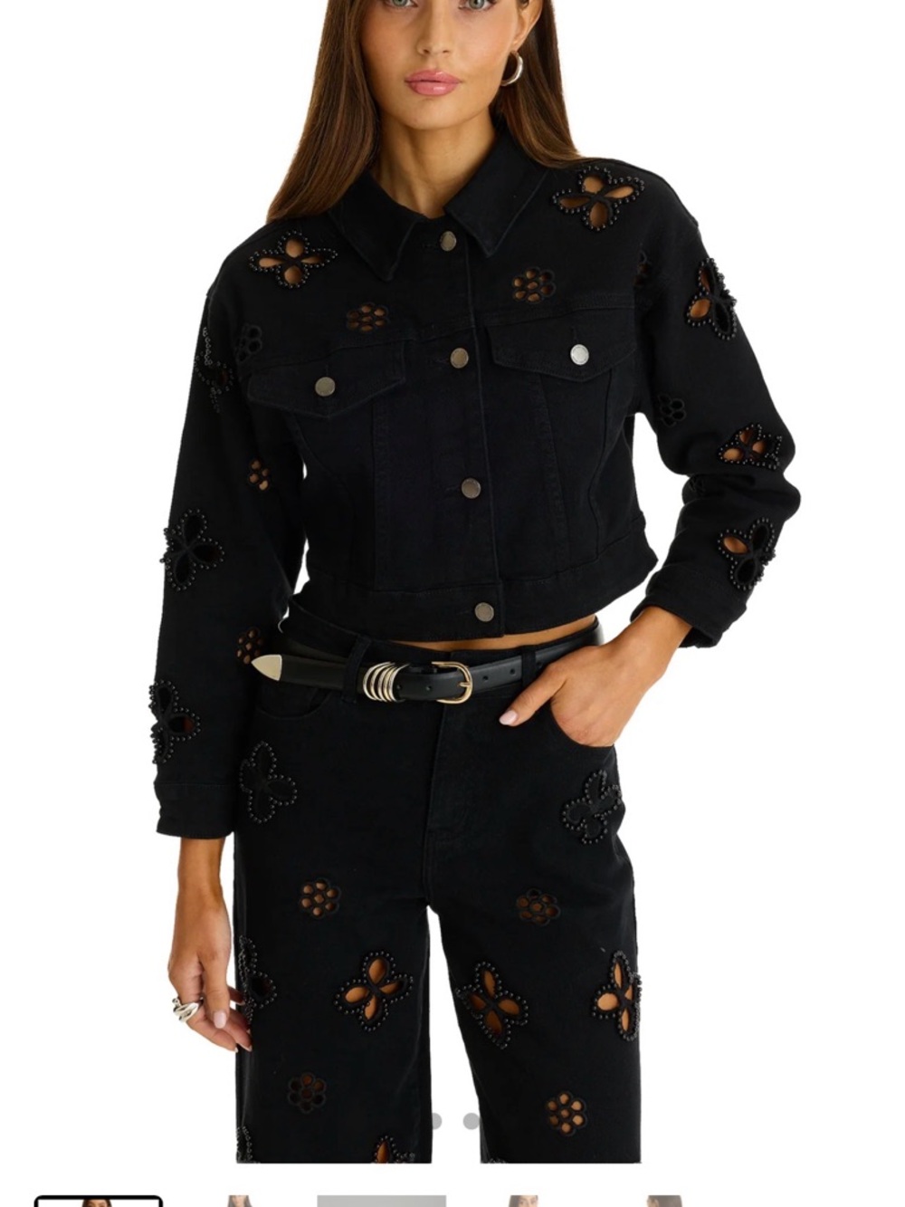 The Noli Shop Black Floral Cutout Denim Jacket